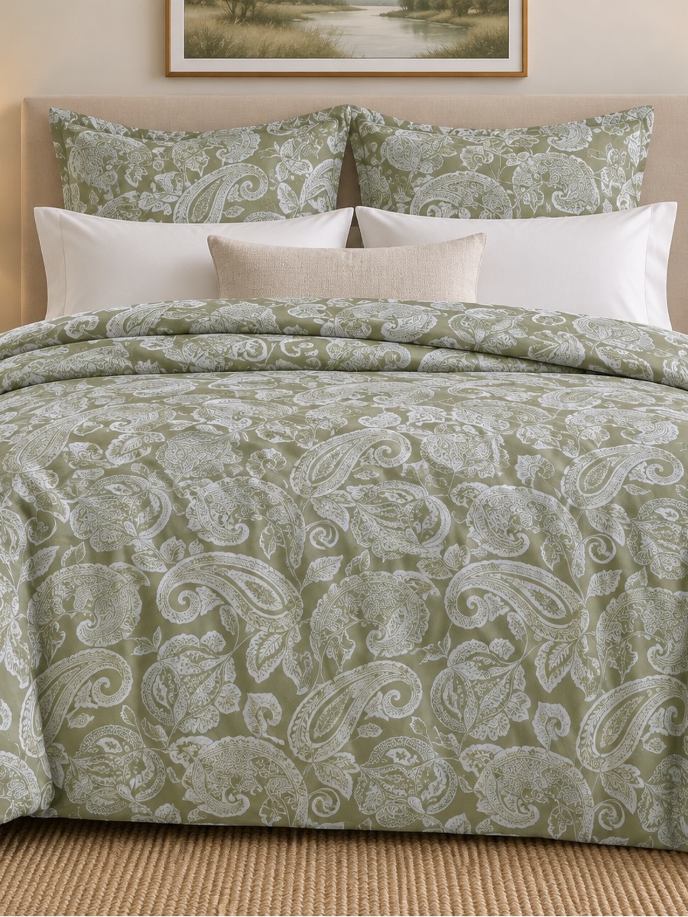 3 Piece Pottery Barn Duvet Set Green Paisley King Boho Vintage